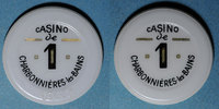 FRENCH EMERGENCY COINS 1 franc Charbonnières-les-Bains (69). Casino. plastique laminé blan avec inscription noir et or -
