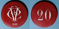 FRENCH EMERGENCY COINS 20 francs Vichy (03). Casino. . Plastique translucide rouge, gravé et peint en blanc -