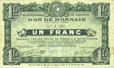 FRENCH EMERGENCY NOTES 1 franc Roubaix et Tourcoing (59). Billet. du 20.4.1916, 7e série. N° 1186 -
