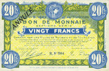 FRENCH EMERGENCY NOTES 20 francs Roubaix et Tourcoing (59). Billet. du 20.4.1916, 7e série. N° 7004. ANNULE -