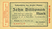 GERMANY - EMERGENCY NOTES (1914-1923) K - Z Mayen, Kreis, Emission des séparatistes, billet, 10 billions mk avec timbre sec 6.11.1923-1.4.1924 -