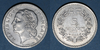 FRENCH MODERN COINS 5 francs Gouvernement provisoire (1944-1947). Lavrillier aluminium -