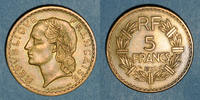 FRENCH MODERN COINS 5 francs Gouvernement provisoire (1944-1947). Lavrillier bronze d'aluminium -