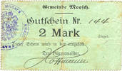 FRENCH EMERGENCY NOTES 2 mark Moosch (68). Commune. Billet. . Papier vert. Cachet communal allemand -