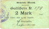 FRENCH EMERGENCY NOTES 2 mark Moosch (68). Commune. Billet. . Papier vert. Cachet communal allemand -