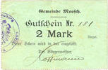 FRENCH EMERGENCY NOTES 2 mark Moosch (68). Commune. Billet. . Papier vert. Cachet communal allemand -