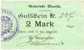 FRENCH EMERGENCY NOTES 2 mark Moosch (68). Commune. Billet. . Papier vert. Cachet communal allemand -