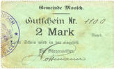 FRENCH EMERGENCY NOTES 2 mark Moosch (68). Commune. Billet. . Papier vert. Cachet communal français -