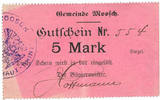 FRENCH EMERGENCY NOTES 5 mark Moosch (68). Commune. Billet. . Papier rose. Cachet communal 2e empire -