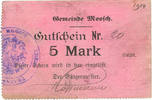 FRENCH EMERGENCY NOTES 5 mark Moosch (68). Commune. Billet. . Papier rose. Cachet communal allemand -