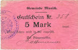 FRENCH EMERGENCY NOTES 5 mark Moosch (68). Commune. Billet. . Papier rose. Cachet communal allemand -