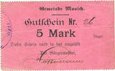 FRENCH EMERGENCY NOTES 5 mark Moosch (68). Commune. Billet. . Papier rose. Cachet communal allemand -
