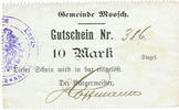 FRENCH EMERGENCY NOTES 10 mark Moosch (68). Commune. Billet. . Papier gris verdâtre. Cachet communal allemand -
