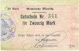 FRENCH EMERGENCY NOTES 20 mark Moosch (68). Commune. Billet. . Papier gris. Cachet communal allemand -