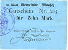 FRENCH EMERGENCY NOTES 10 mark Moosch (68). Commune. Billet. . Carton bleu. Cachet communal français -