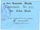 FRENCH EMERGENCY NOTES 10 mark Moosch (68). Commune. Billet. . Carton bleu. Cachet communal français -