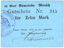 FRENCH EMERGENCY NOTES 10 mark Moosch (68). Commune. Billet. . Carton bleu. Cachet communal français -