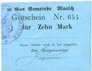 FRENCH EMERGENCY NOTES 10 mark Moosch (68). Commune. Billet. . Carton bleu. Cachet communal français -
