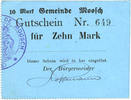 FRENCH EMERGENCY NOTES 10 mark Moosch (68). Commune. Billet. . Carton bleu. Cachet communal français -