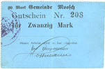 FRENCH EMERGENCY NOTES 20 mark Moosch (68). Commune. Billet. . Carton bleu. Cachet communal 2e empire -