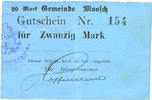 FRENCH EMERGENCY NOTES 20 mark Moosch (68). Commune. Billet. . Carton bleu. Cachet communal allemand -