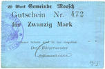 FRENCH EMERGENCY NOTES 20 mark Moosch (68). Commune. Billet. . Carton bleu. Cachet communal français -