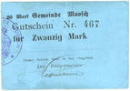 FRENCH EMERGENCY NOTES 20 mark Moosch (68). Commune. Billet. . Carton bleu. Cachet communal français -
