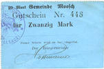 FRENCH EMERGENCY NOTES 20 mark Moosch (68). Commune. Billet. . Carton bleu. Cachet communal français -