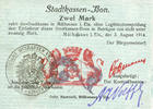 FRENCH EMERGENCY NOTES 2 mark Mulhouse (68). Ville. Billet 31.8.14 surchargé 2. Cachet all. nouveau noir. Signature Woeffl -