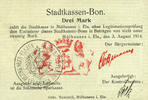FRENCH EMERGENCY NOTES 3 mark Mulhouse (68). Ville. Billet 31.8.14. Cachet allemand ancien noir. Signature Döltz -