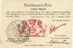 FRENCH EMERGENCY NOTES 5 mark Mulhouse (68). Ville. Billet 31.8.14. Cachet allemand ancien noir. Signature Moellerheim -