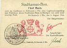 FRENCH EMERGENCY NOTES 5 mark Mulhouse (68). Ville. Billet 31.8.14. Cachet allemand ancien noir. Signature Schoch -