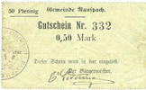 FRENCH EMERGENCY NOTES 0,50 mark Ranspach (68). Billet. . Cachet communal allemand -