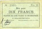 FRENCH EMERGENCY NOTES 10 francs Malmerspach (68). Filature de laine peignée. Billet. 18.6.1940, signature : Gary -