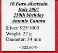 Italien 10 Euro Silbermünze 2007 250. Geburtstag Antonio Canova proof in capsule with certificate & box