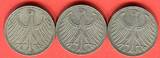 Bundesrepublik Deutschland 3 x 5 DM - Deutsche Mark 1958 Silberadler Lot D F G - OHNE J on avergage xf