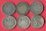 Bayern, Preußen 6 x 2 Mark Silbermünzen 1877-1913 Kaiserreich Lot - 6 Münzen/Typen Lot, bitte Bild ansehen