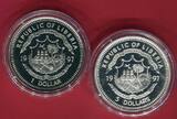 Liberia 1 (Cu/Ni) + 5 Dollars (Silber) Set coloriert 1997 Schutz der Meeresfauna - Korallenfische - Set proof in capsule with certificate