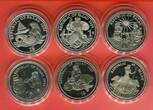 Palau 6 x 1 Dollar Cu-Ni-Münzen mit Farbapplikationen 1992 - 1995 Marine Life Protection - Set - Korallenriff, bunte Fische, Seepferdchen Proof in capsules with German certificates
