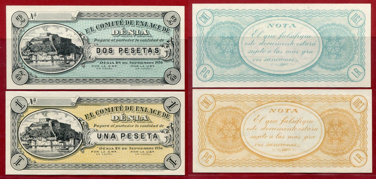 Spanien Spain 1 Und 2 Pesetas 1936 Denia Nicht Ausgegeben Unc Ma Shops