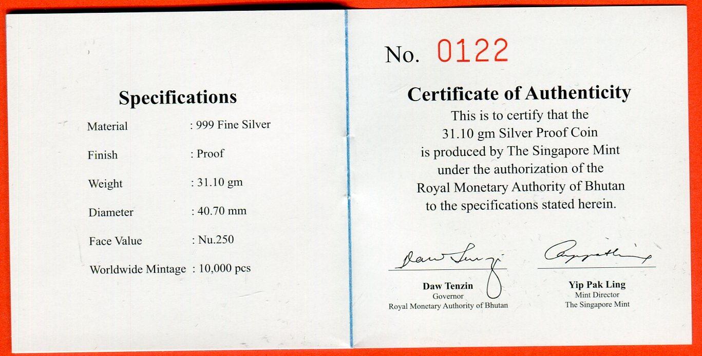 Kingdom of Bhutan 250 Ngultrum Silbermünze - 1 oz 999 Fine Silver 2011 World Buddha Heritage - Wat Pho - Reclining Buddha of Thailand Proof with box, coa & carton