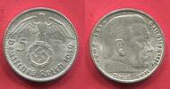 Germany Deutschland 1933-1945 5 Mark Reichsmark Hindenburg mit Hoheitszeichen Swastika Type -