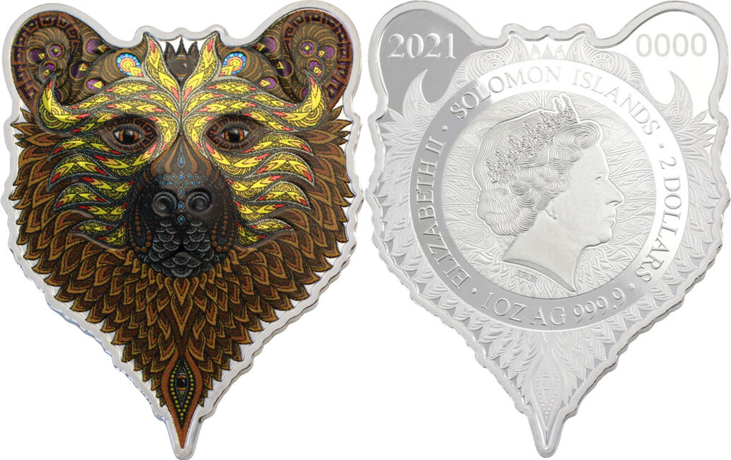 2 Dollars GRIZZLY BEAR Spirit Animals Phil Lewis 1 Oz Silver Coin 2$ Solomon Islands 2021 Proof | MA-Shops 2 Dollars GRIZZLY BEAR Spirit Animals Phil Lewis 1 Oz Silver Coin 2$ Solomon Islands 2021 Proof | MA-Shops