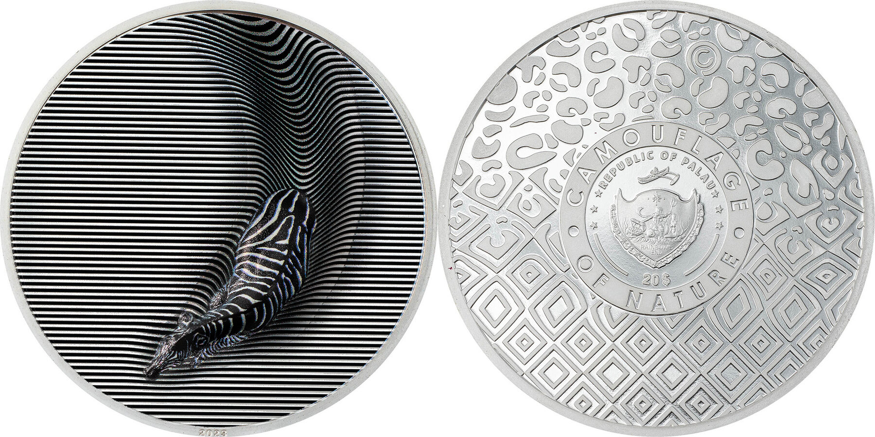 20 Dollars ZEBRA Camouflage of Nature 3 Oz Silver Coin 20$ Palau