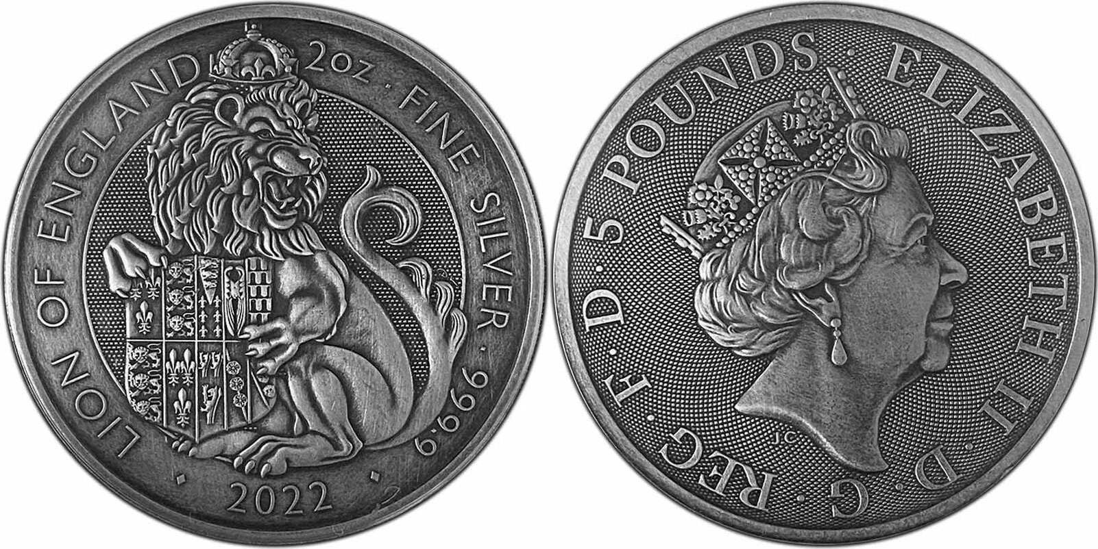 5 Pounds LION OF ENGLAND Tudor Beasts Antique 2 Oz Silver Coin 5