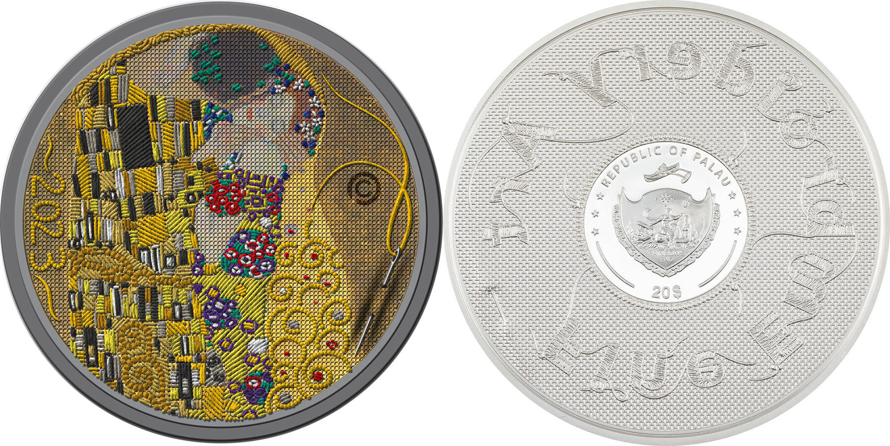 KISS Gustav Klimt Fine Embroidery Art 3 Oz Silver Coin 20$ Palau 2023