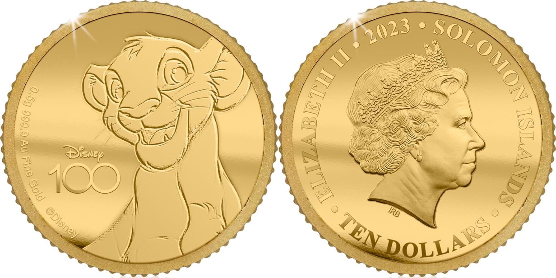 10 Dollars LION KING Simba Disney 100 Magical Years Small Gold Coin 10$  Solomon Islands 2023 Proof | MA-Shops