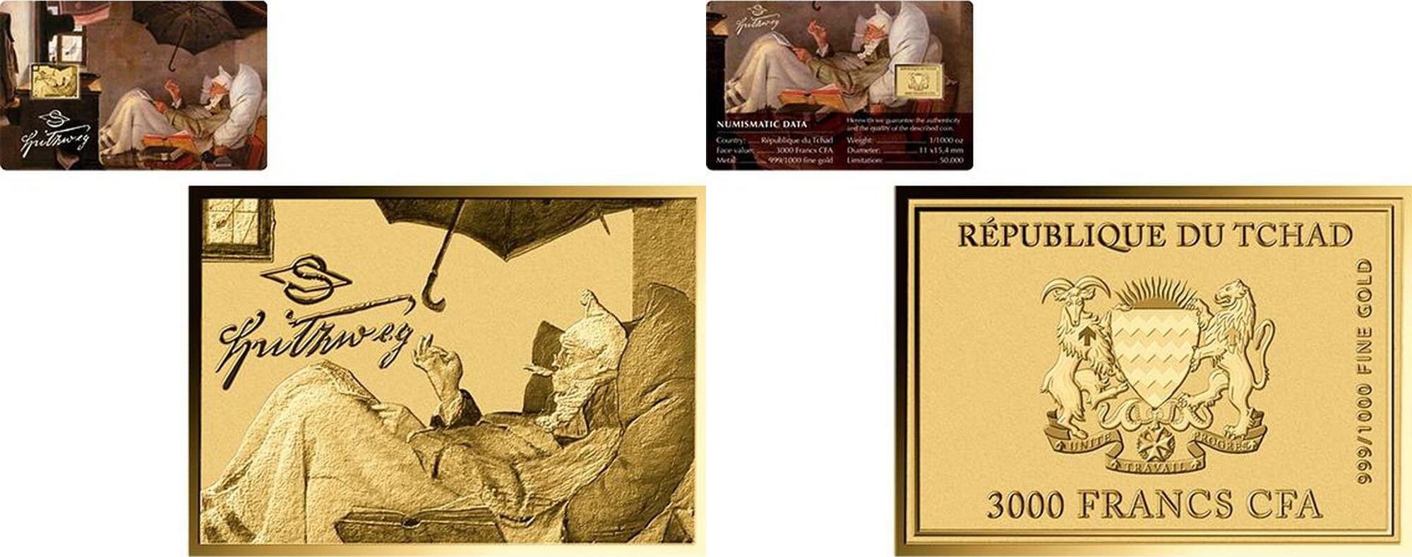 DER ARME POET Carl Spitzweg 1/1000 Oz Gold Coin 3000 Francs Chad Prooflike  | MA-Shops