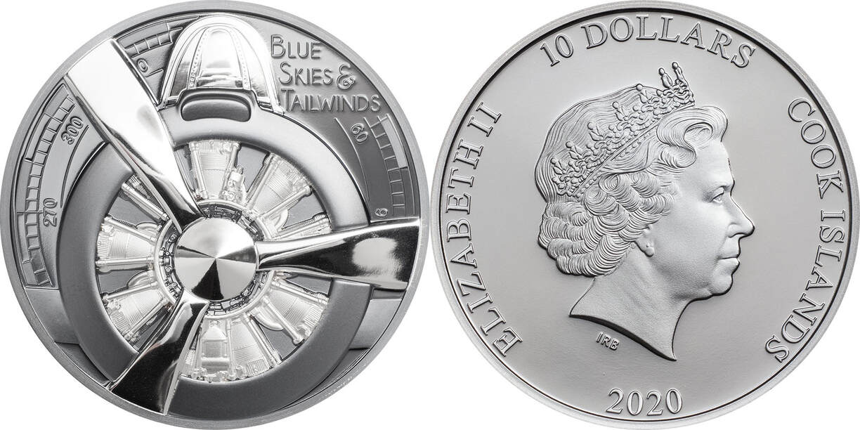 10 Dollars AIRPLANE PROPELLER Blue Skies 2 Oz Silver Coin 10 Cook Islands 2020 Black Proof MA