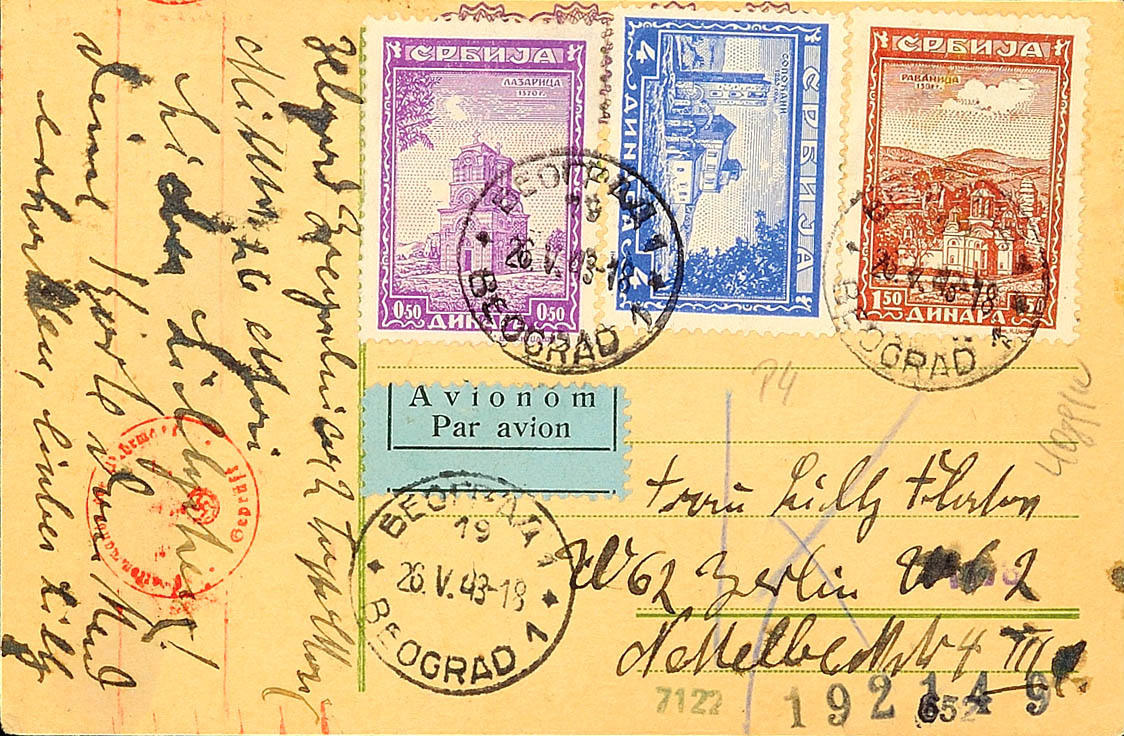 Serbien Ganzsachen 1.3.1943 Postal stationery postcard from kingdom Yugoslavia with value stamp 1 50 Din the with D. 1 50 and SRBIJA overprinted